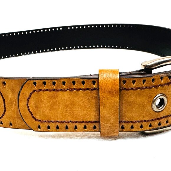RLJ Faux Leather Tan Belt w/Floral Embroidery - Size M - Picture 5 of 7